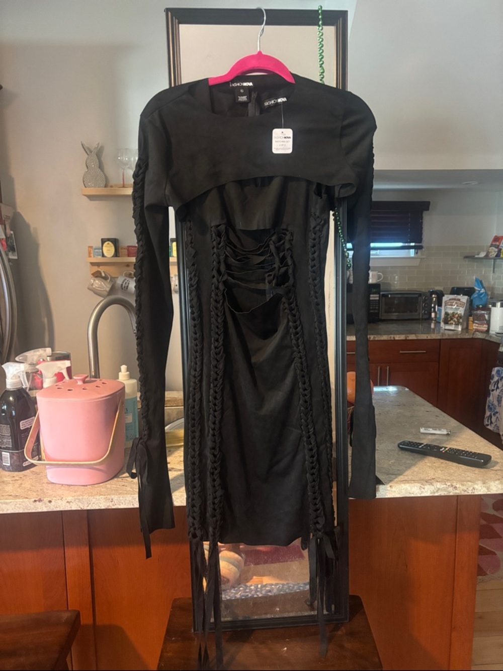 Black Long-Sleeve Lace-Up Fringe Dress